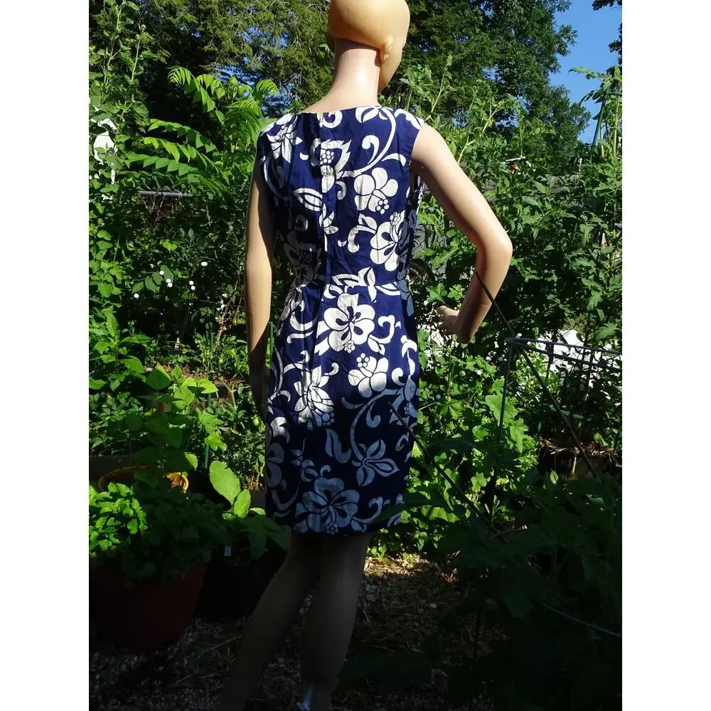 Vintage 1960s Blue Hibiscus Hawaiian Shift Dress Sleeveless Cotton Small
